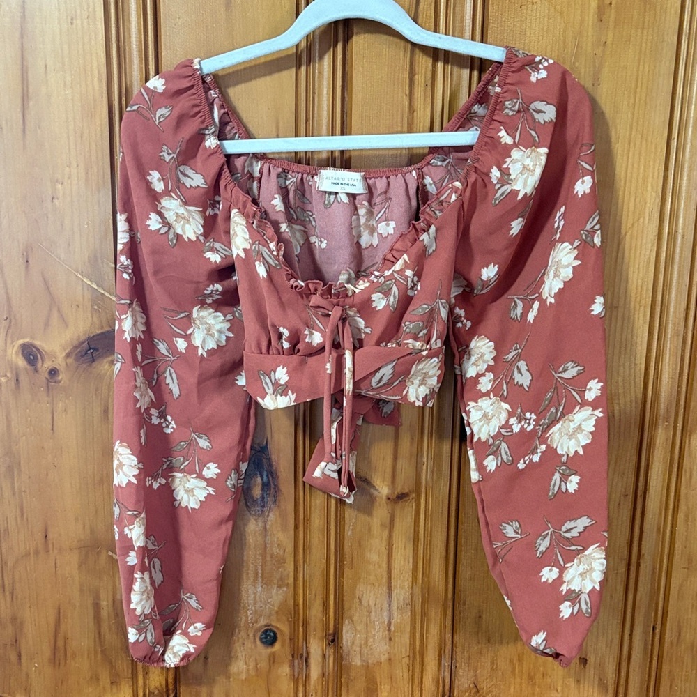 Altar’d State Floral Tie Front Crop Top Long Sleeve Cottagecore Blouse Size XS